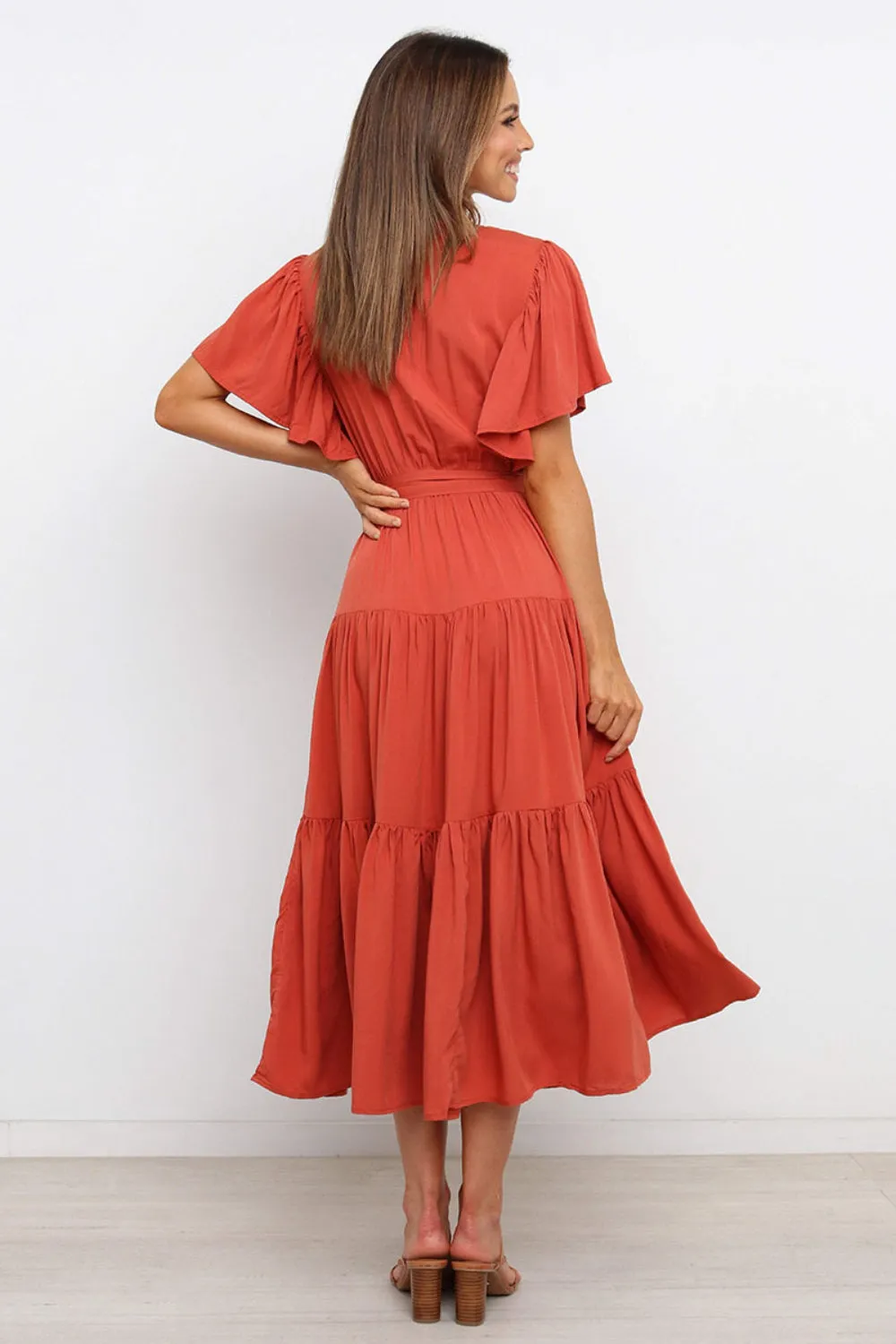Tied Tiered Short Sleeve Midi Dress