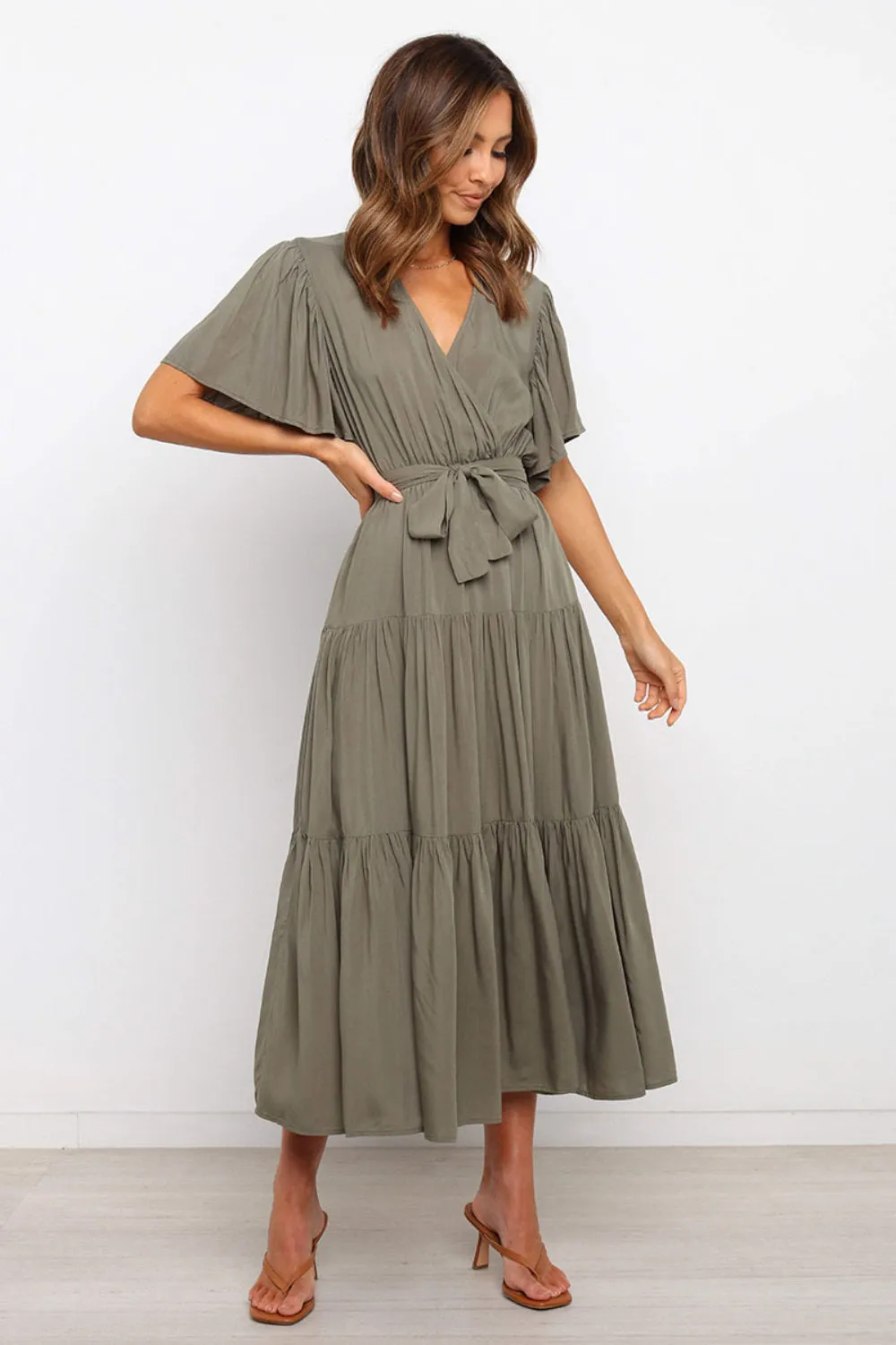 Tied Tiered Short Sleeve Midi Dress