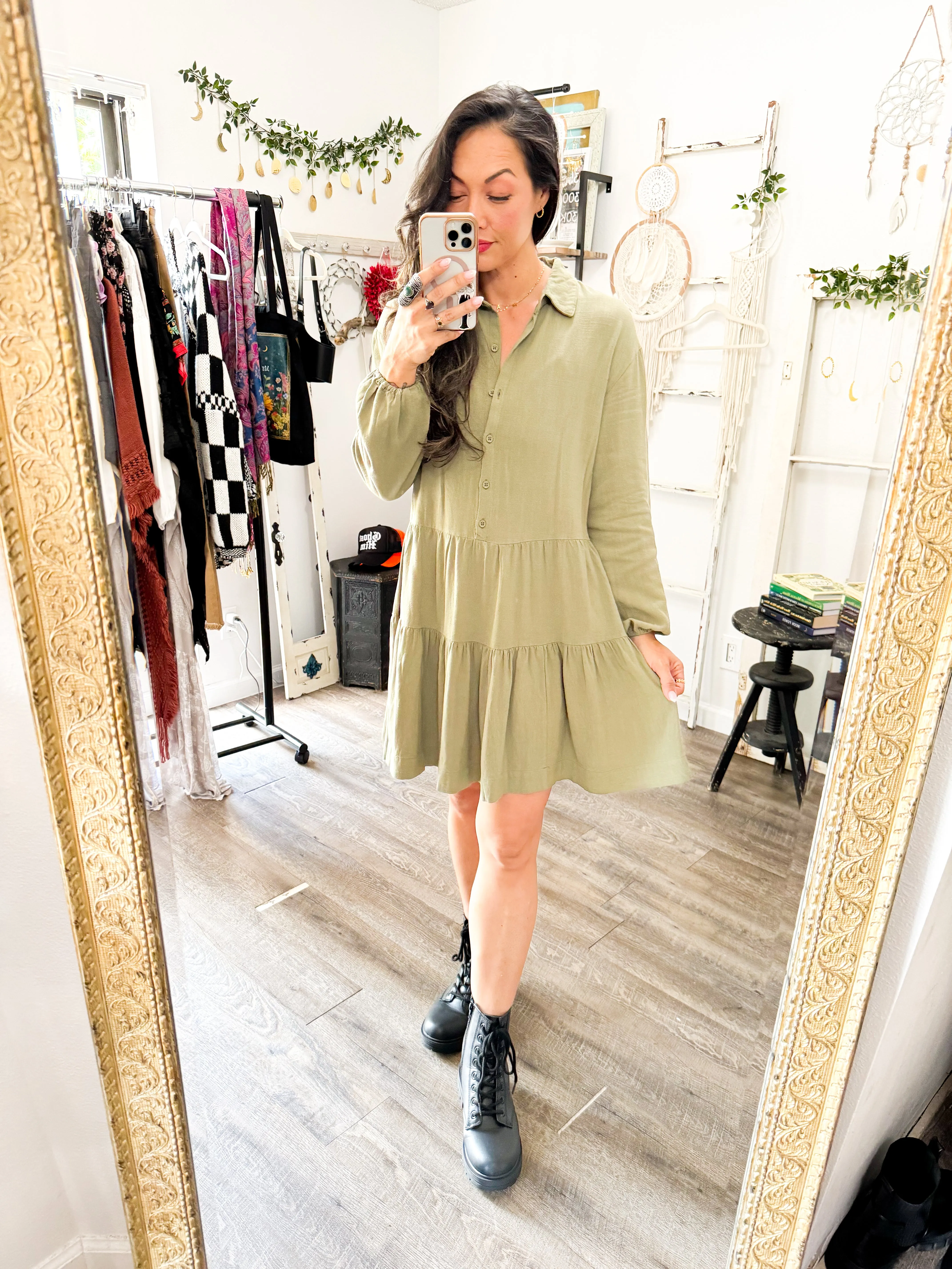 Tiered Half Button Balloon Sleeve Dress