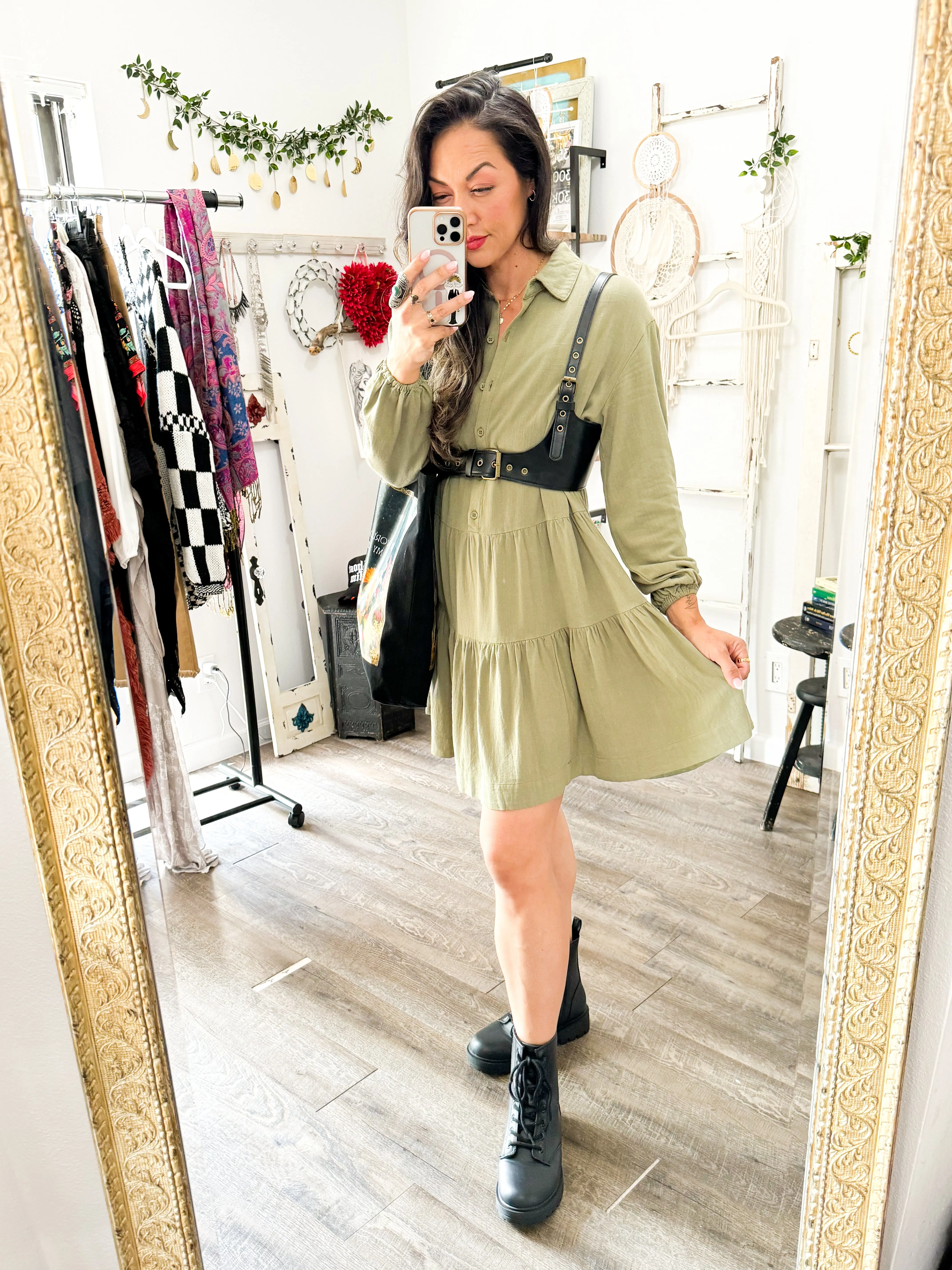 Tiered Half Button Balloon Sleeve Dress