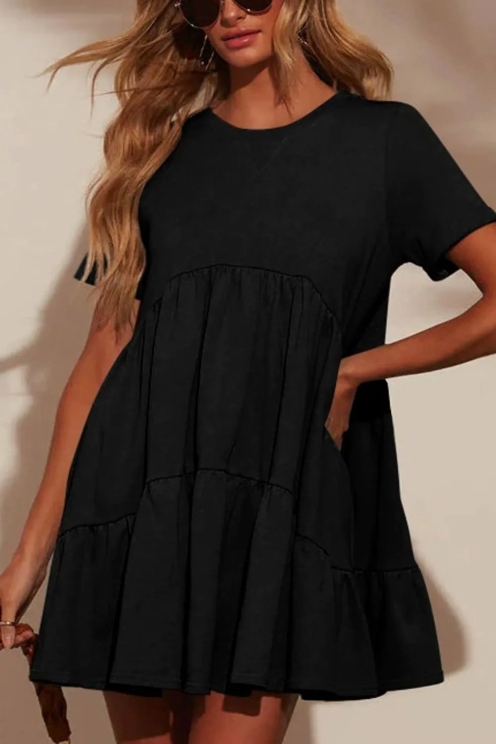 Tiered Round Neck Short Sleeve Mini Dress