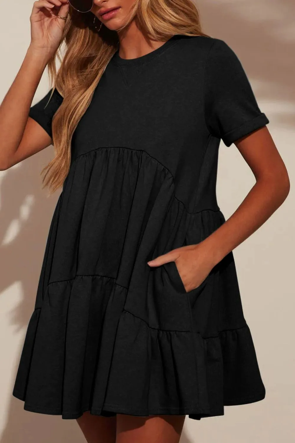 Tiered Round Neck Short Sleeve Mini Dress