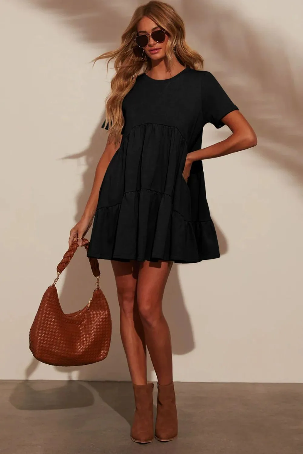 Tiered Round Neck Short Sleeve Mini Dress