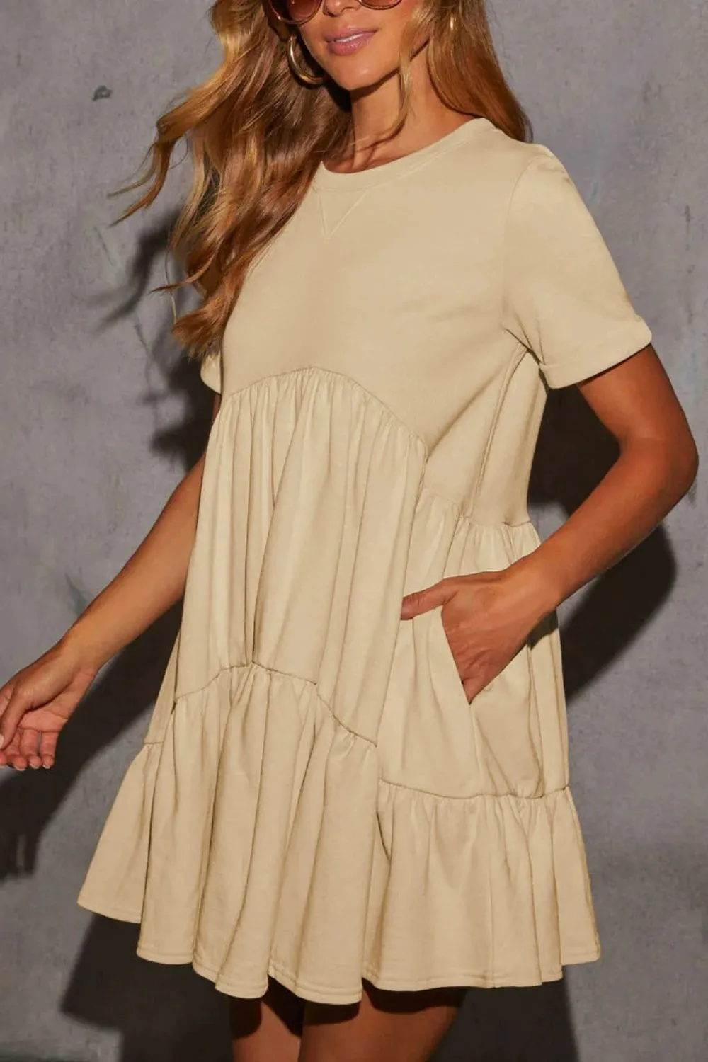 Tiered Round Neck Short Sleeve Mini Dress