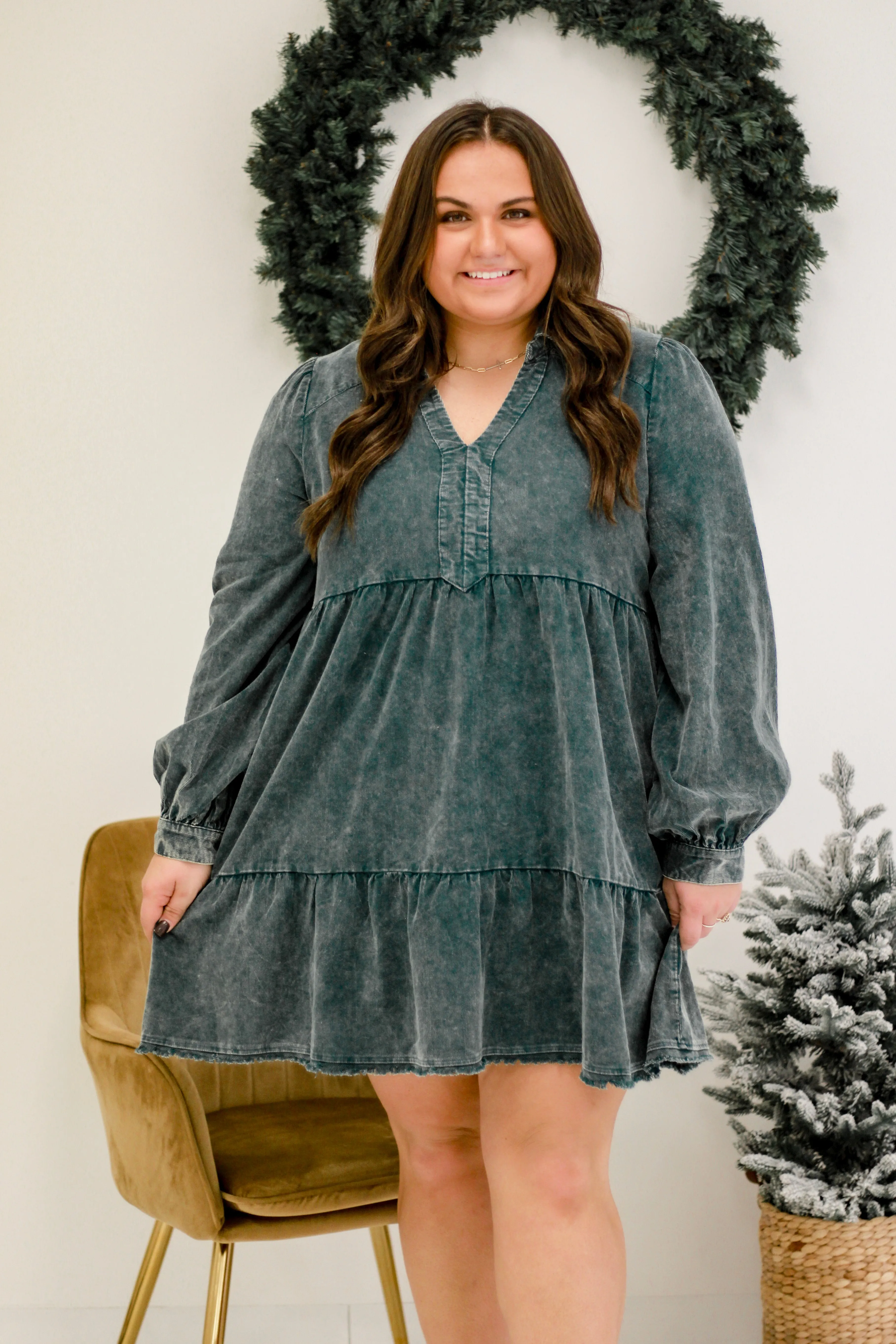 Tis the Season Washed Dress in Green