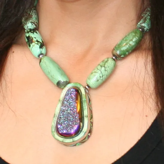Titanium Drusy Quartz and Turquoise Necklace