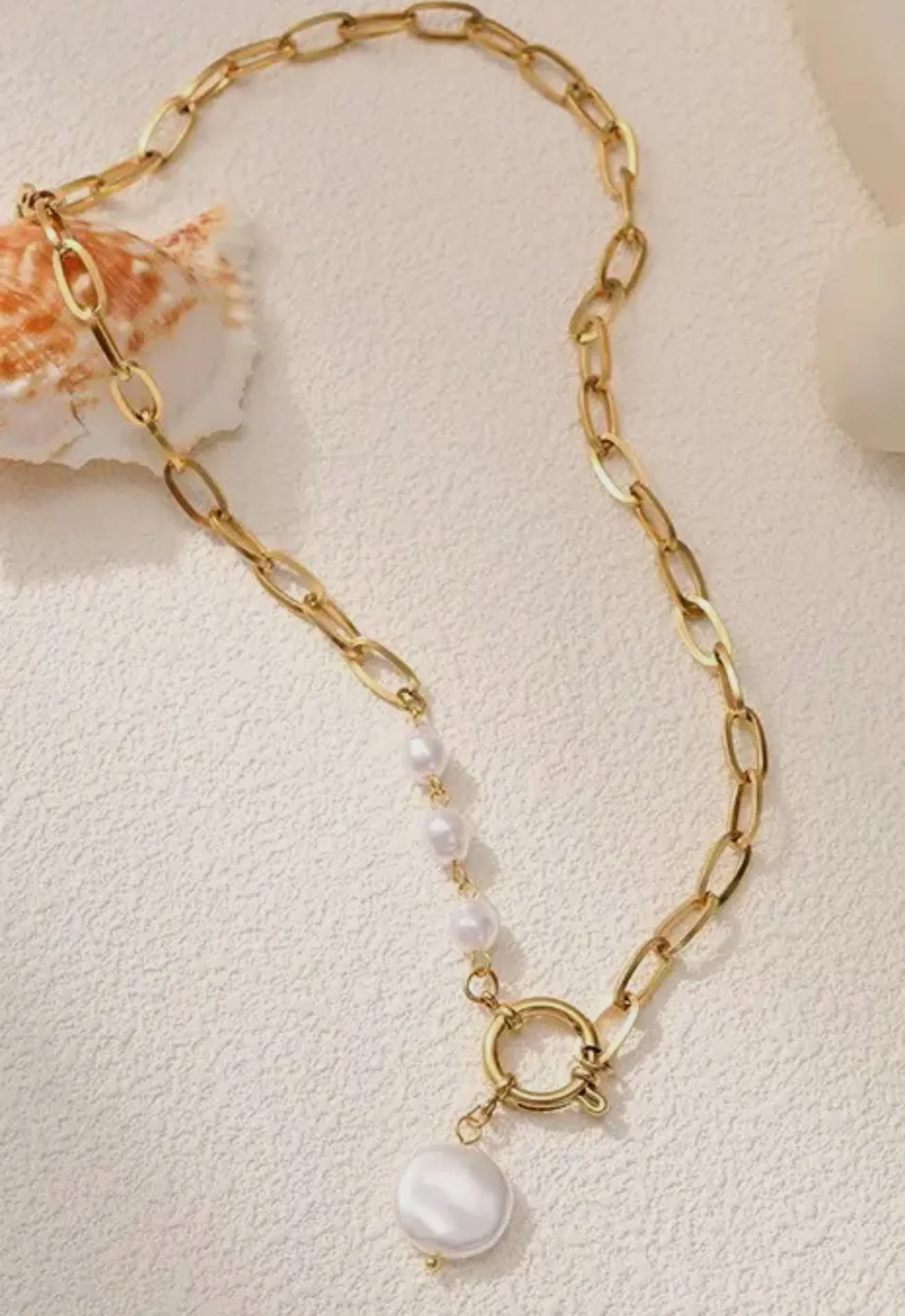 Titanium Steel Non-Tarnish Pearl Gold Necklace