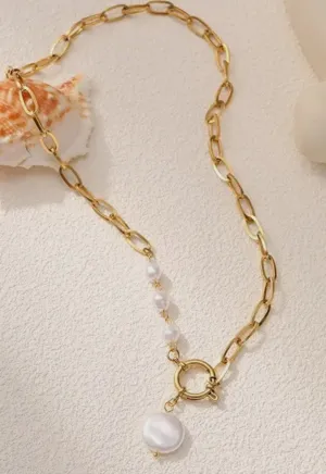 Titanium Steel Non-Tarnish Pearl Gold Necklace