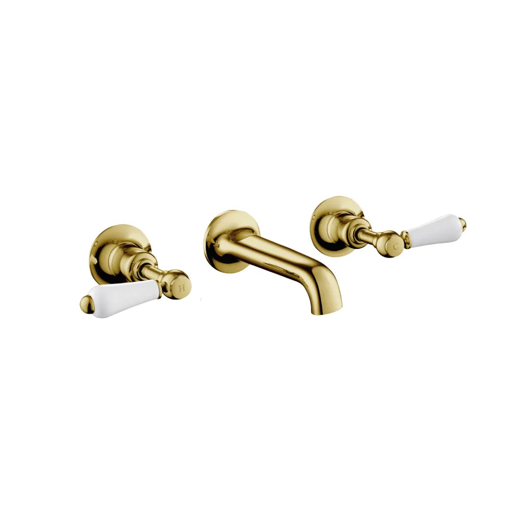 Traditional Antique Gold Basin Mixer Tap with White Lever Handle - Wall Mounted
