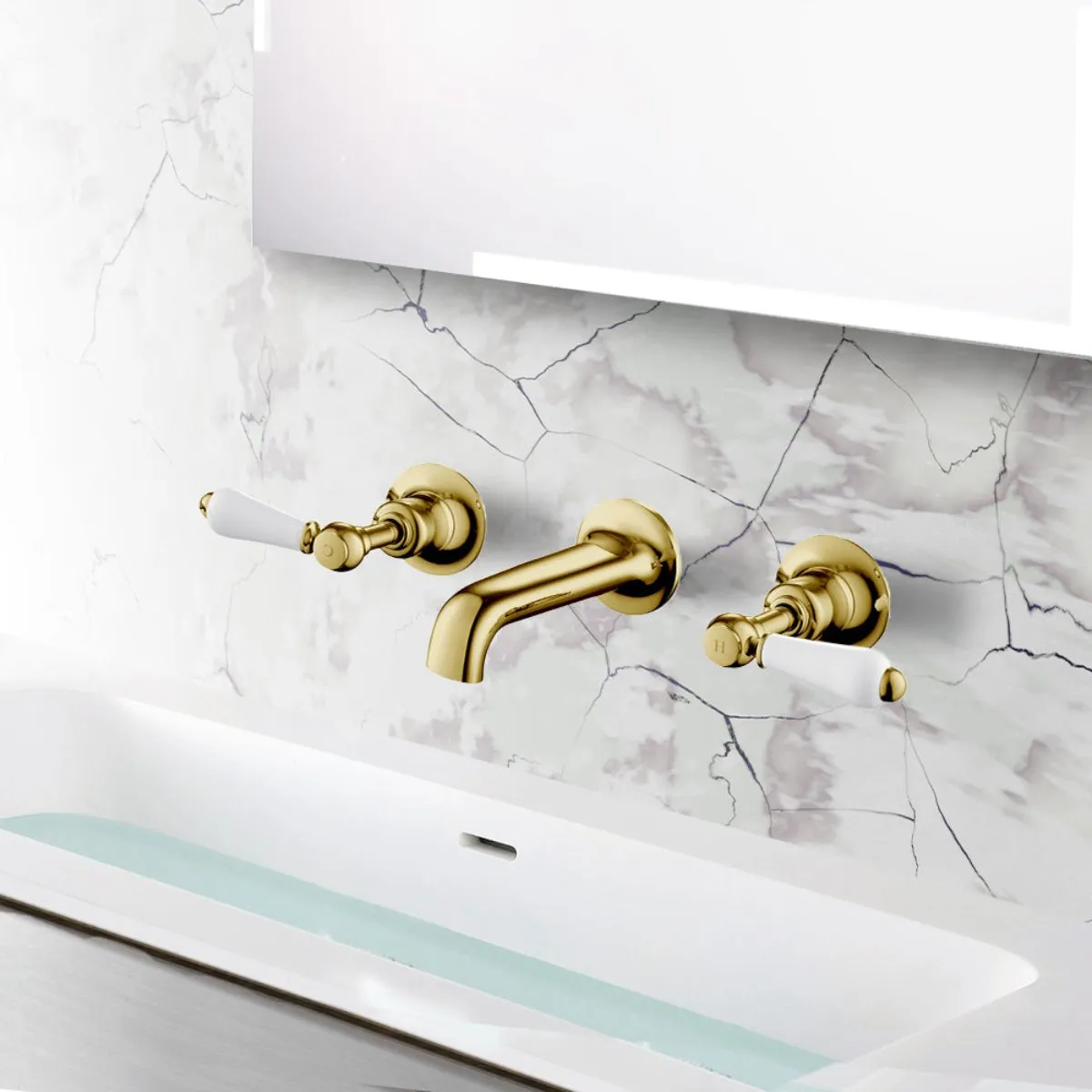 Traditional Antique Gold Basin Mixer Tap with White Lever Handle - Wall Mounted