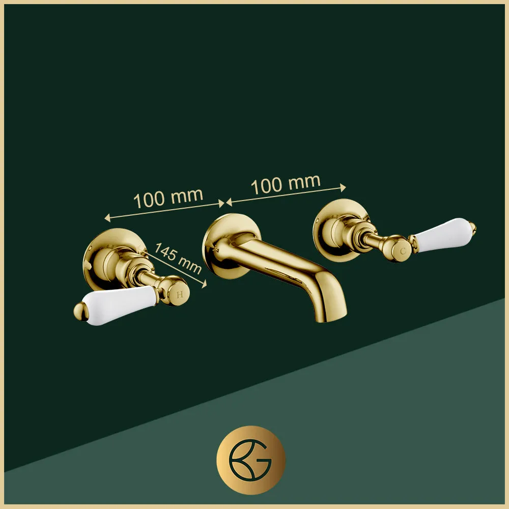 Traditional Antique Gold Basin Mixer Tap with White Lever Handle - Wall Mounted
