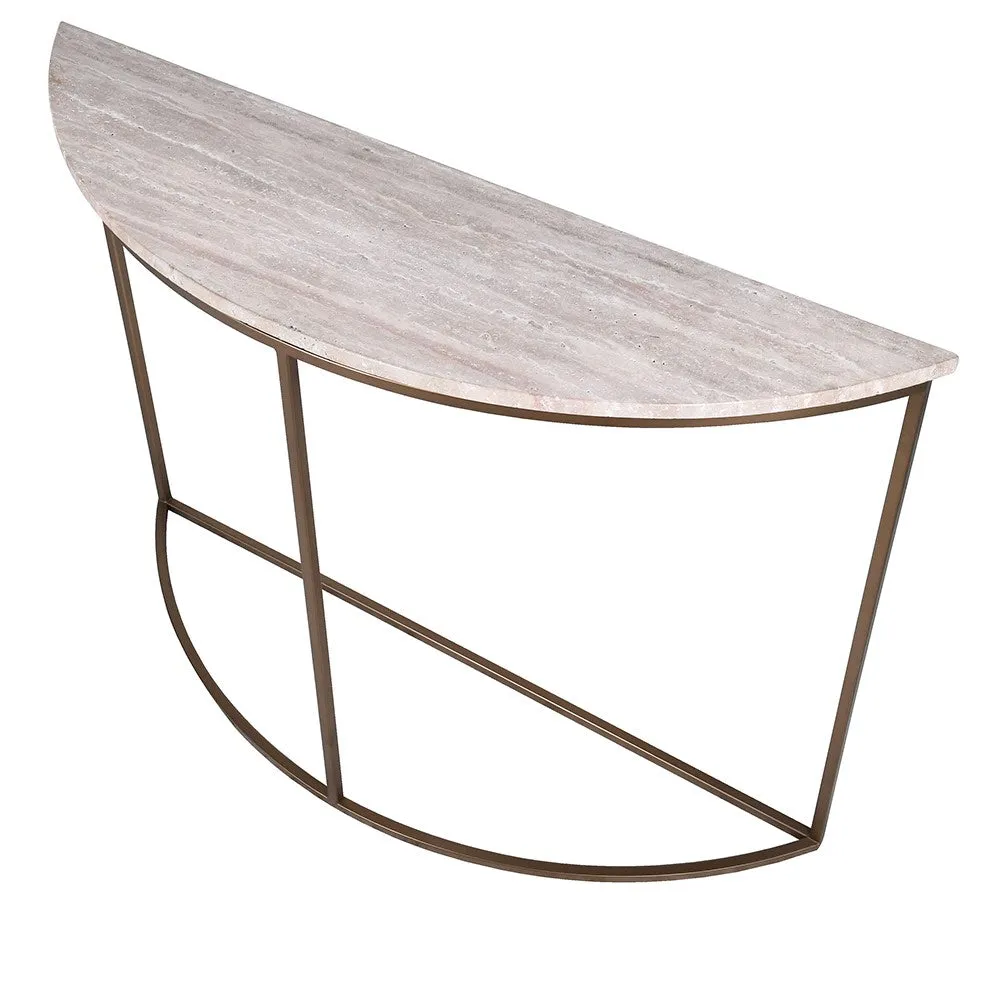 Travertine & Bronzed Metal Demi-Lune Console
