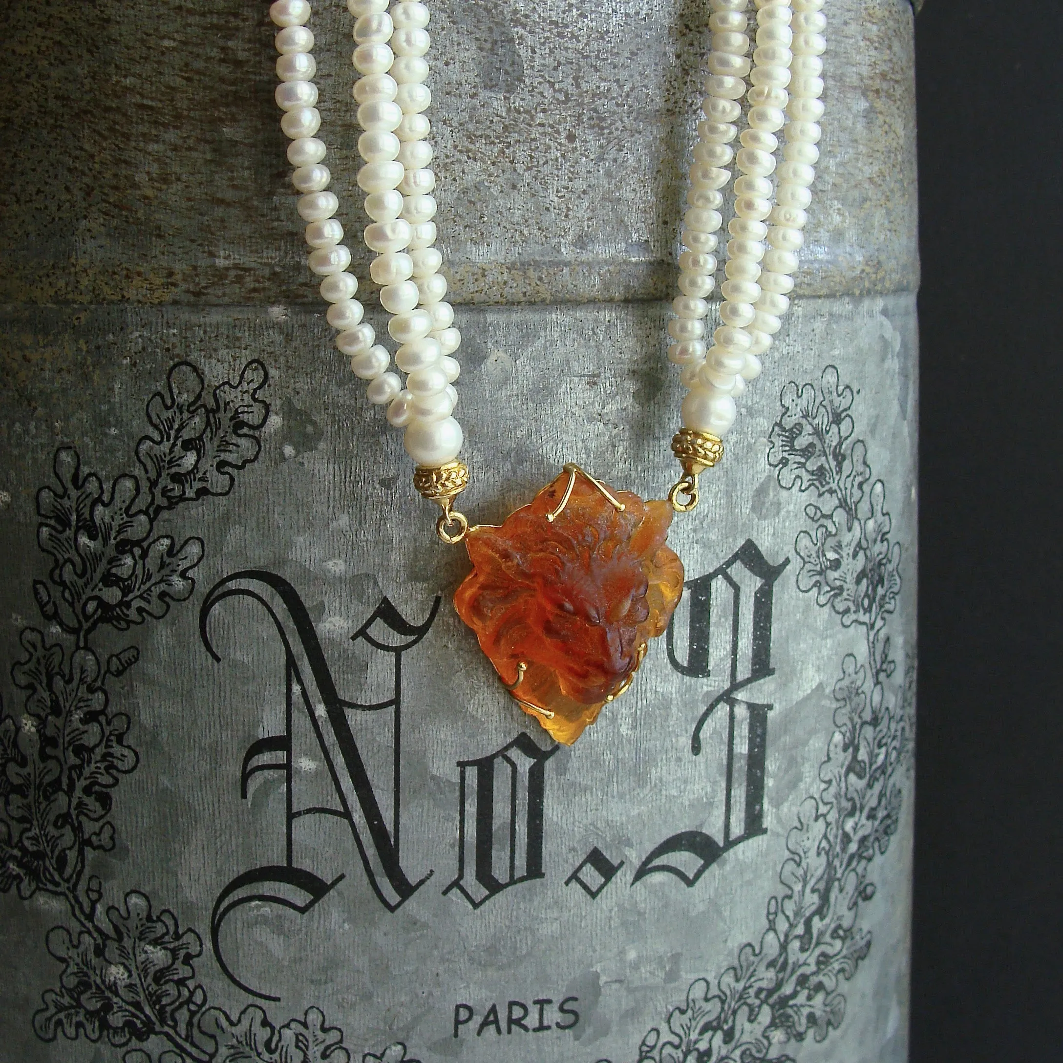 Triple Strand Button Pearls Venetian Glass Lion Head - Larize II Necklace