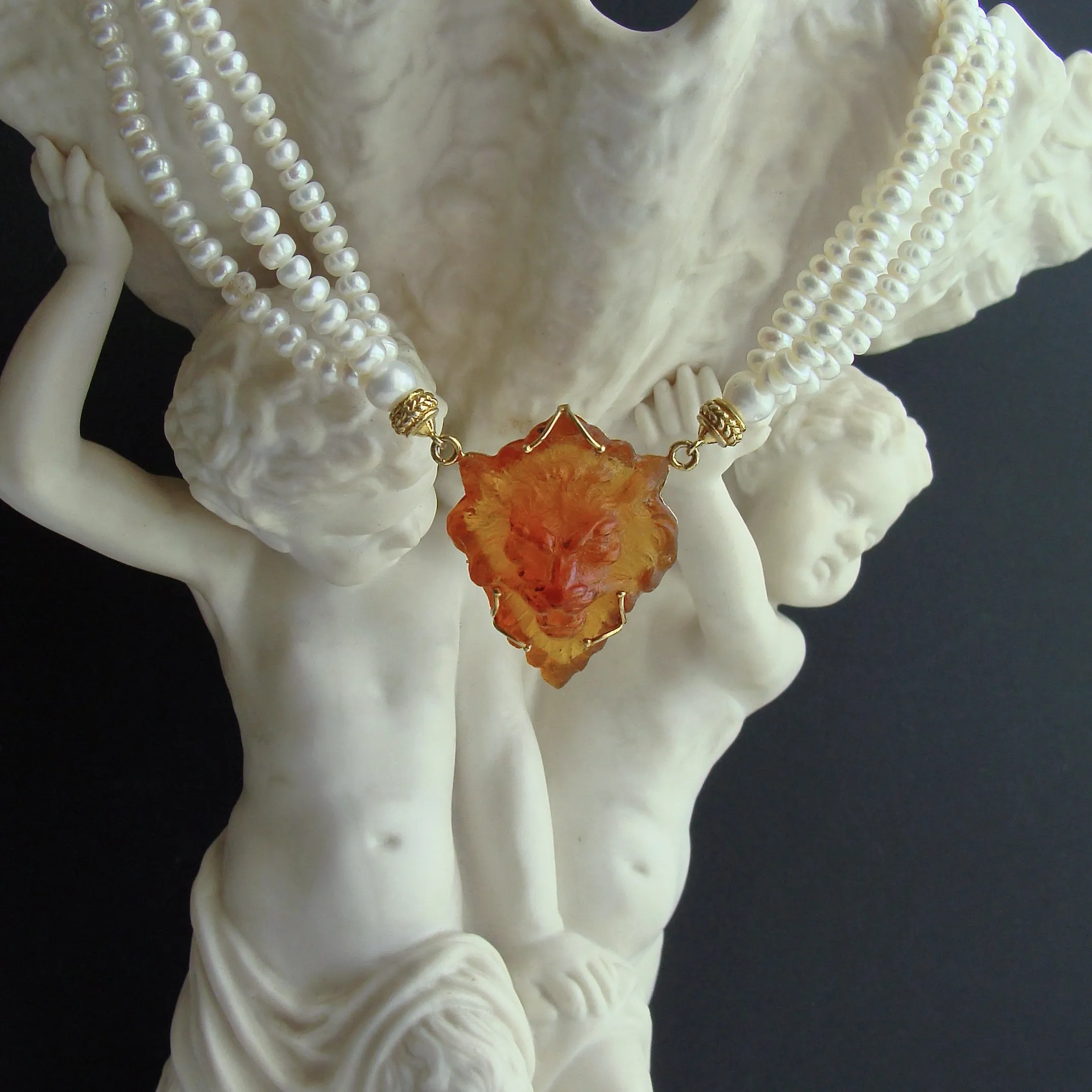 Triple Strand Button Pearls Venetian Glass Lion Head - Larize II Necklace