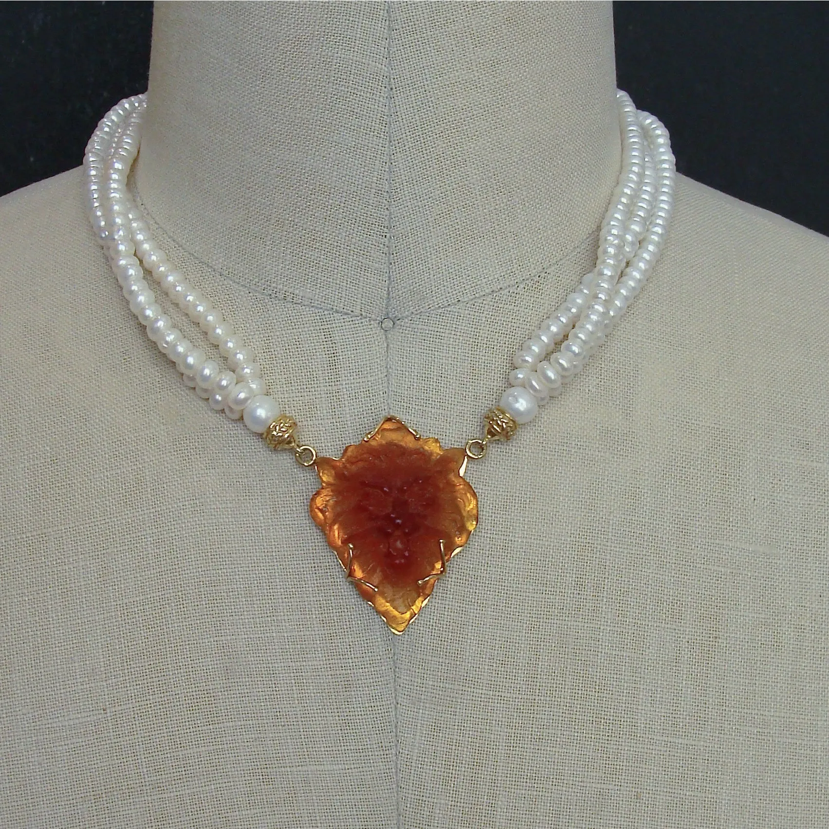 Triple Strand Button Pearls Venetian Glass Lion Head - Larize II Necklace