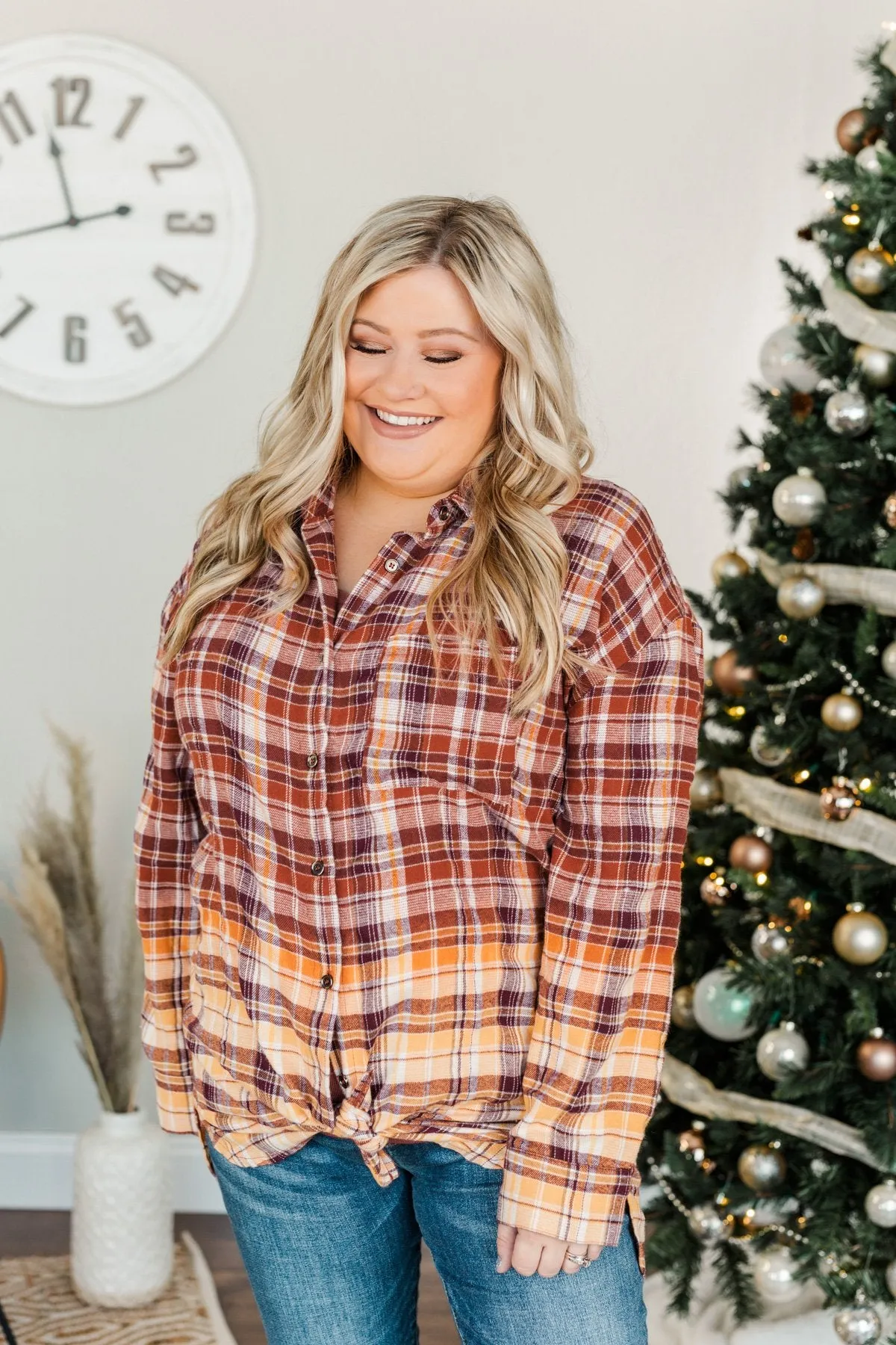 True To Me Long Sleeve Plaid Top- Brick, Rust & Golden Yellow
