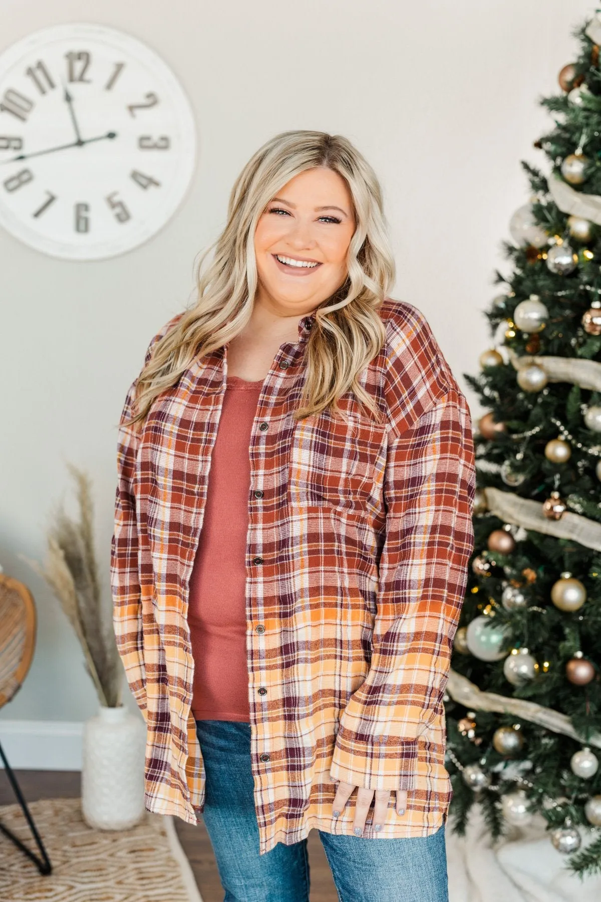 True To Me Long Sleeve Plaid Top- Brick, Rust & Golden Yellow
