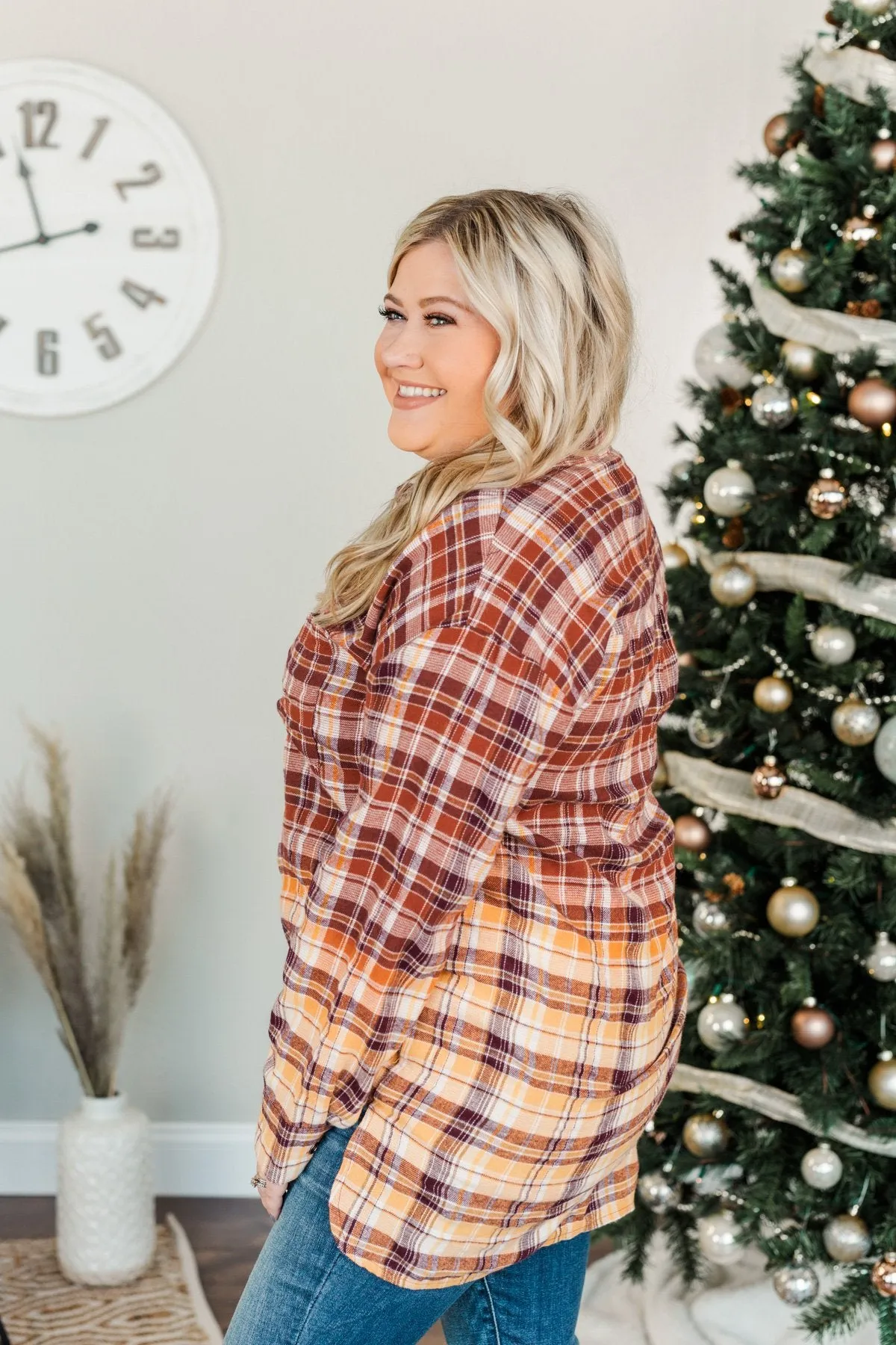 True To Me Long Sleeve Plaid Top- Brick, Rust & Golden Yellow