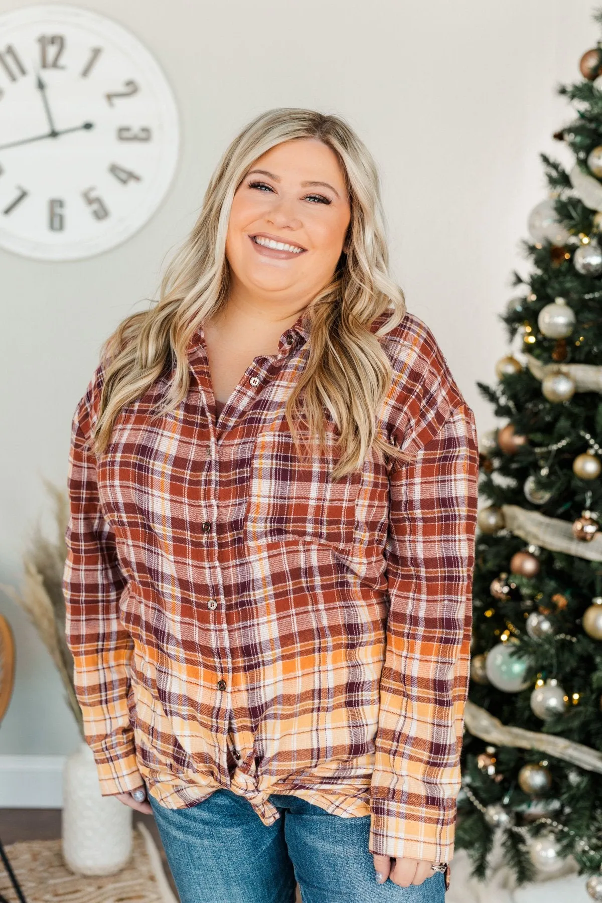 True To Me Long Sleeve Plaid Top- Brick, Rust & Golden Yellow