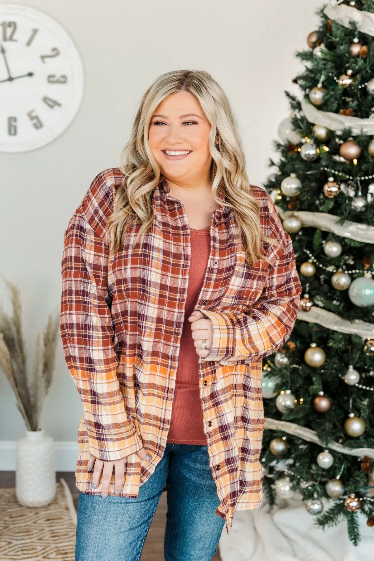 True To Me Long Sleeve Plaid Top- Brick, Rust & Golden Yellow