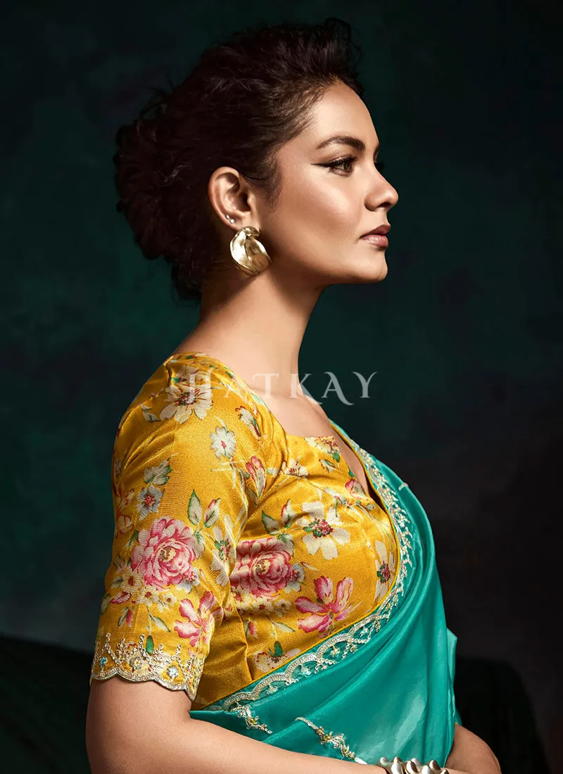 Turquoise And Yellow Handwork Tissue Silk Saree