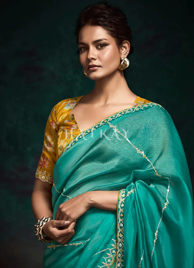 Turquoise And Yellow Handwork Tissue Silk Saree