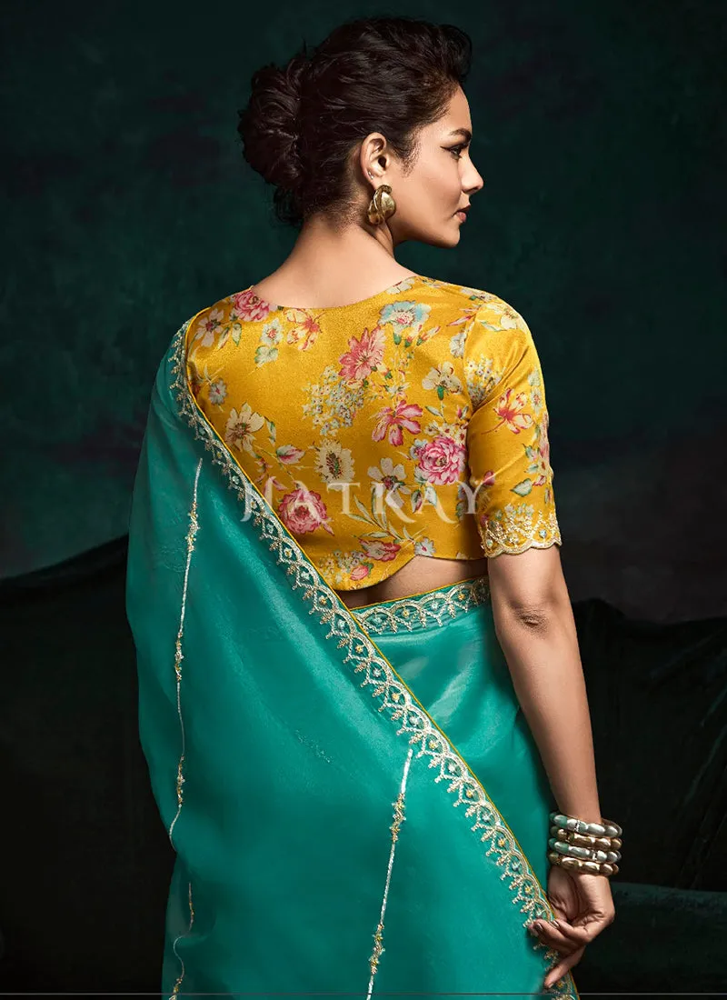 Turquoise And Yellow Handwork Tissue Silk Saree