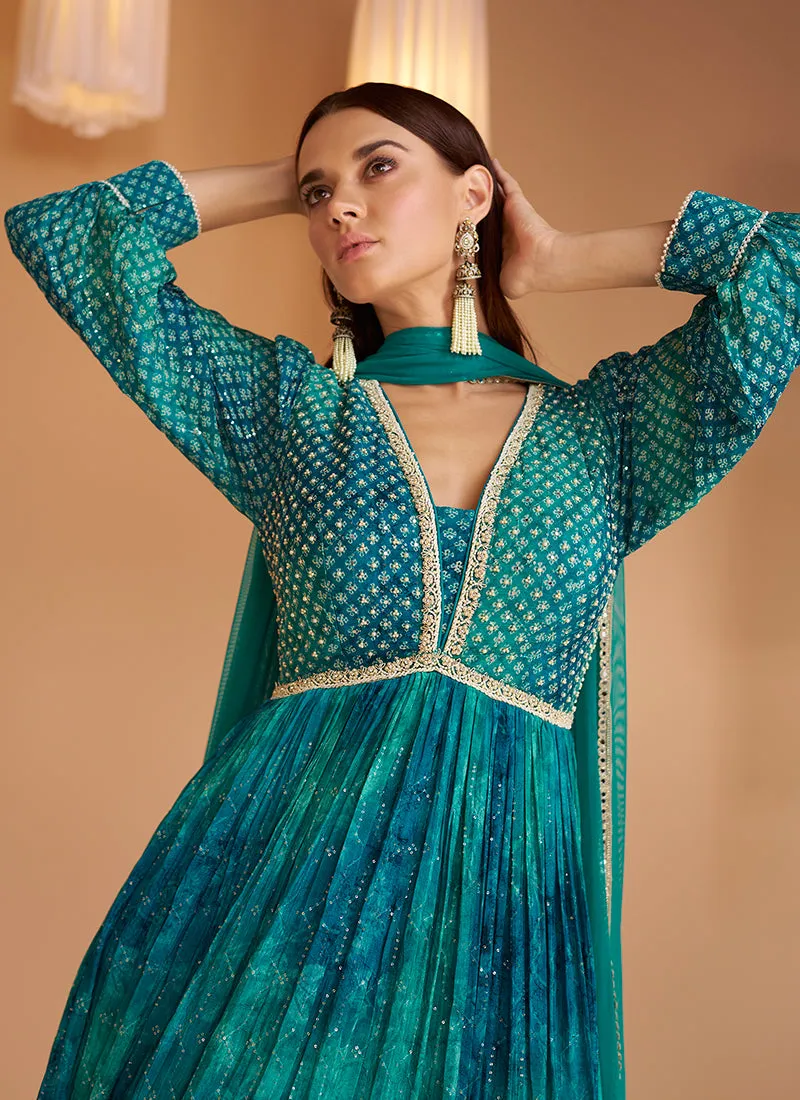 Turquoise Sequence Embroidered Printed Anarkali Gown
