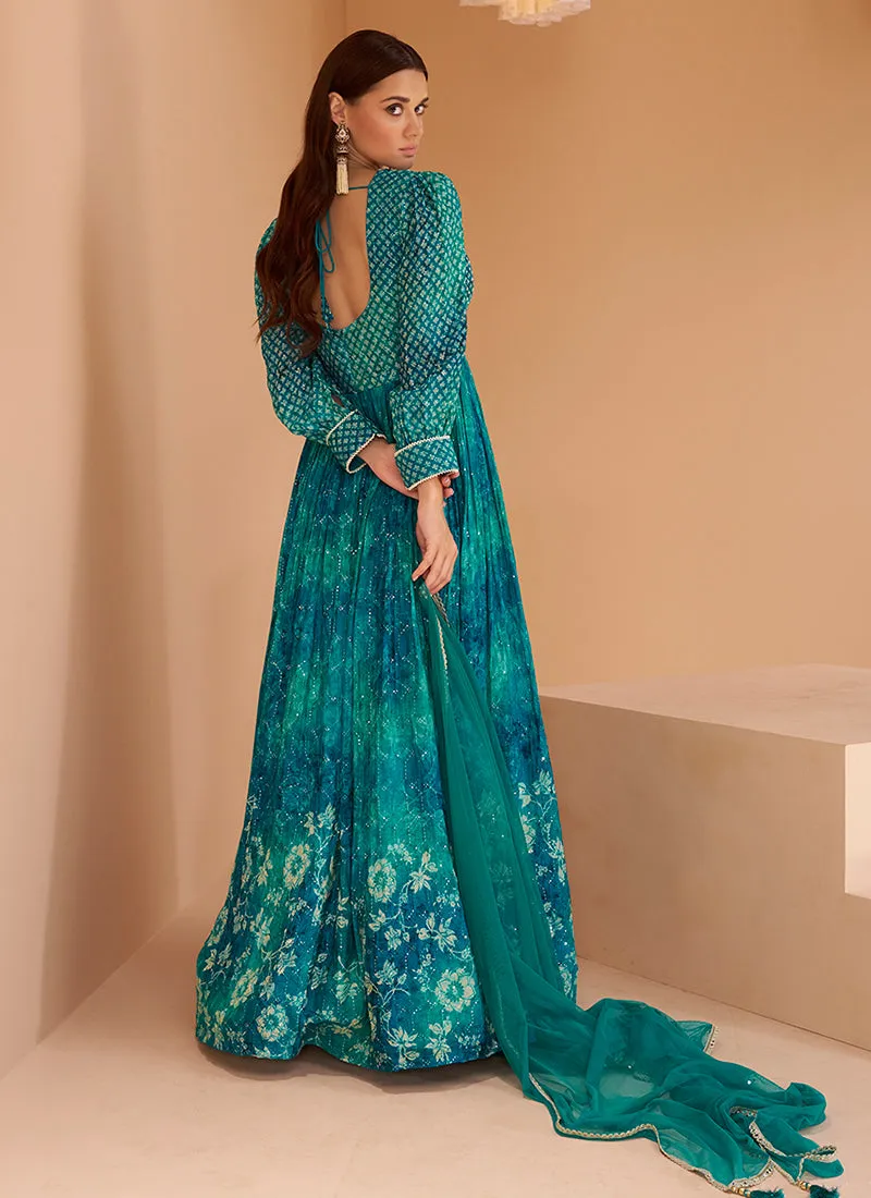 Turquoise Sequence Embroidered Printed Anarkali Gown