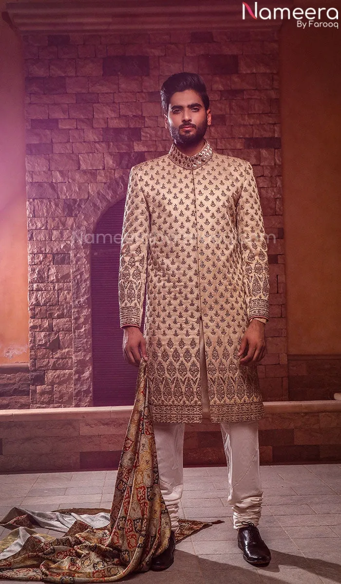 Unique Designer Jamawar Golden Sherwani for Groom #GN22