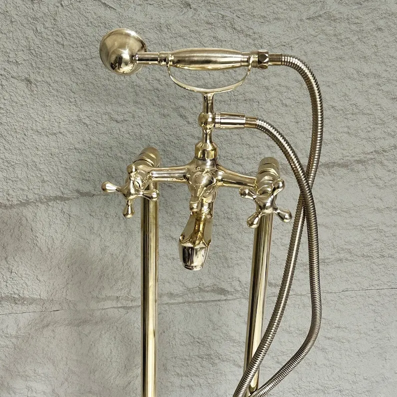 Unlacquered Brass Freestanding Tub Filler Faucet with Hand Shower – Solid Brass Bathtub Fixture