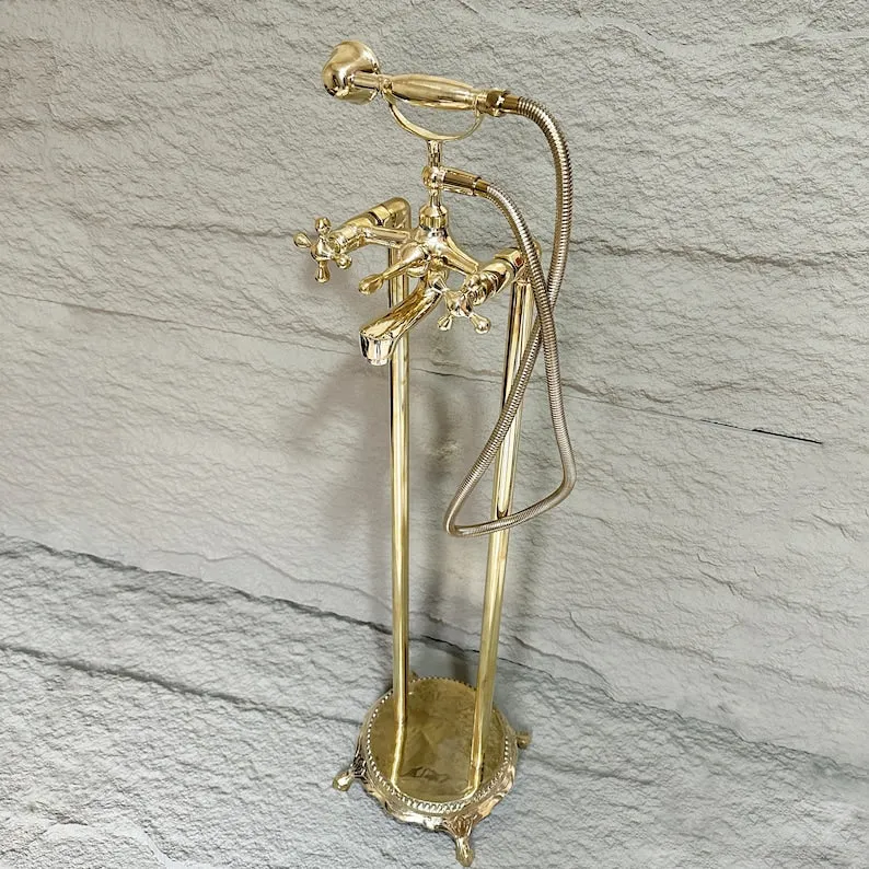 Unlacquered Brass Freestanding Tub Filler Faucet with Hand Shower – Solid Brass Bathtub Fixture