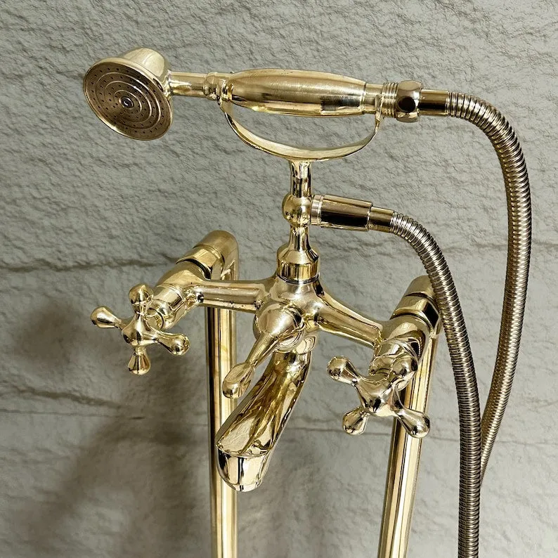 Unlacquered Brass Freestanding Tub Filler Faucet with Hand Shower – Solid Brass Bathtub Fixture