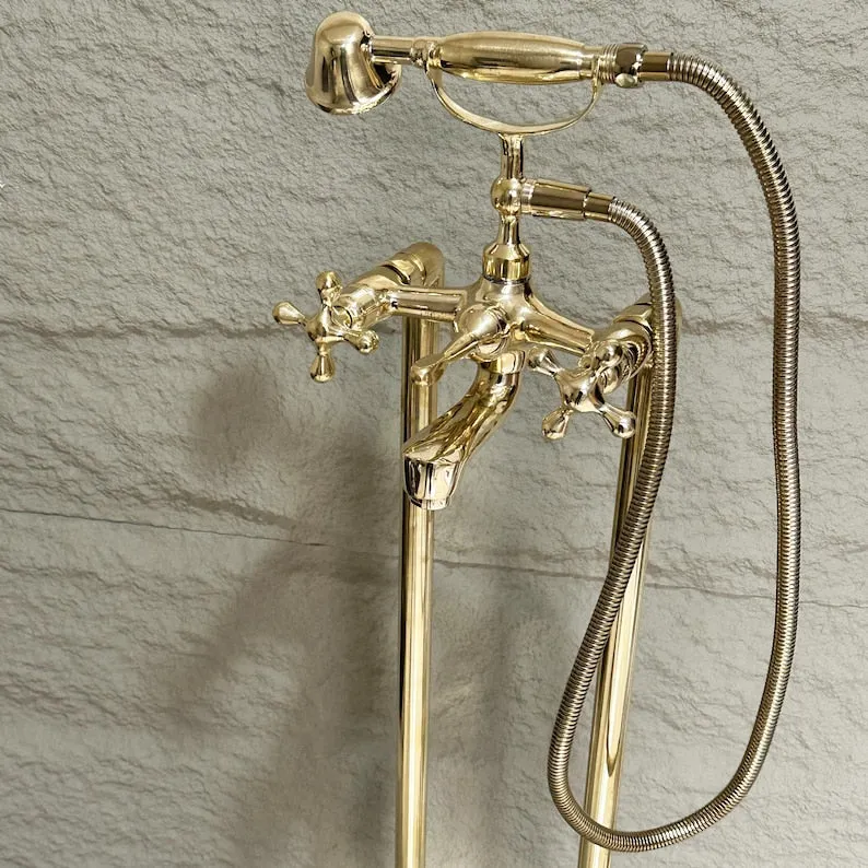 Unlacquered Brass Freestanding Tub Filler Faucet with Hand Shower – Solid Brass Bathtub Fixture