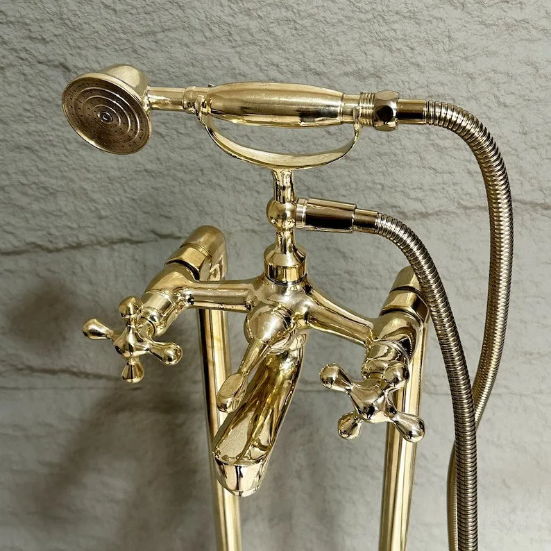 Unlacquered Brass Freestanding Tub Filler Faucet with Hand Shower – Solid Brass Bathtub Fixture