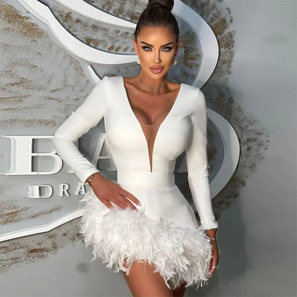 V Neck Long Sleeve Feather Mini Bandage Dress HL9113