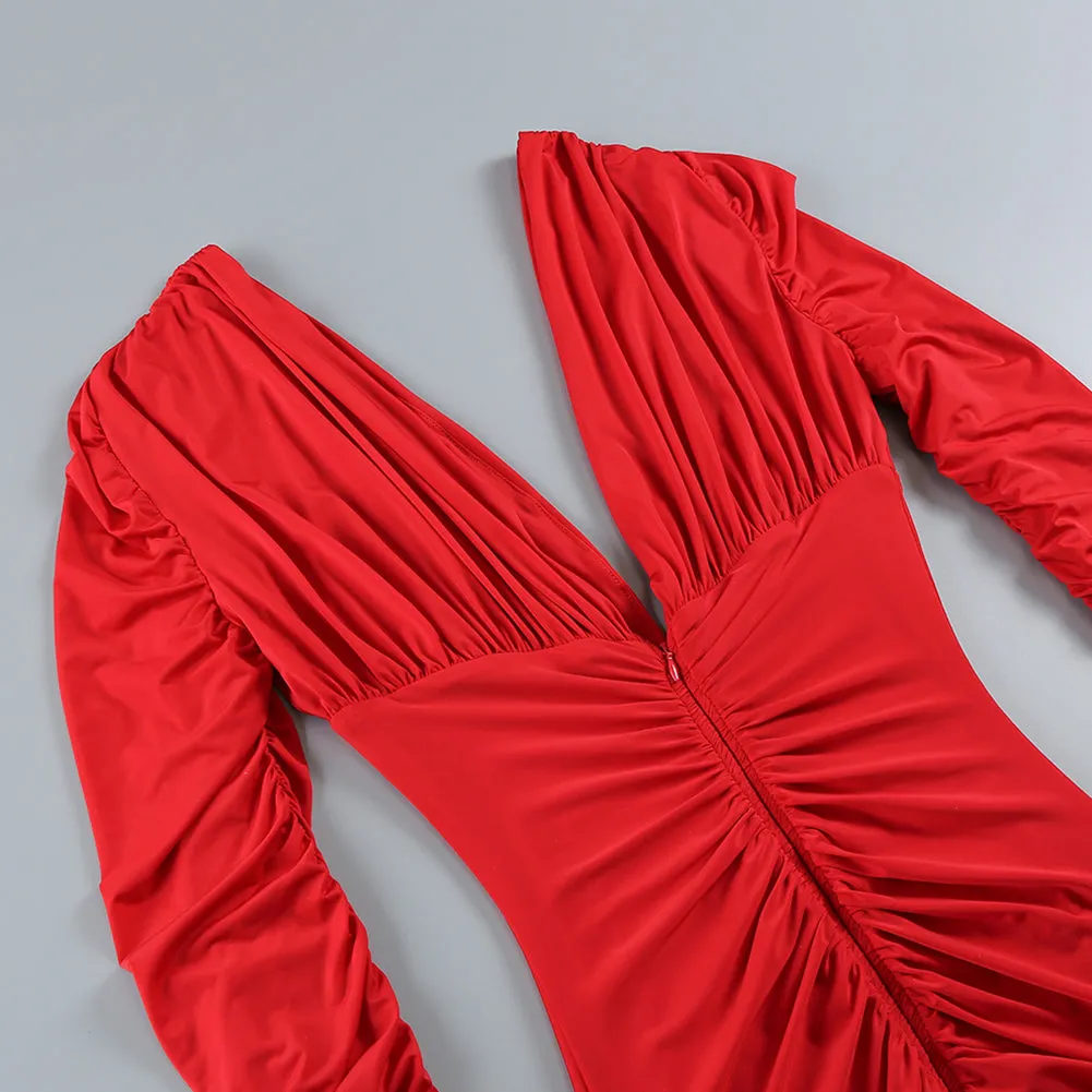 V Neck Long Sleeve Low Cut Maxi Dress KLYF1048
