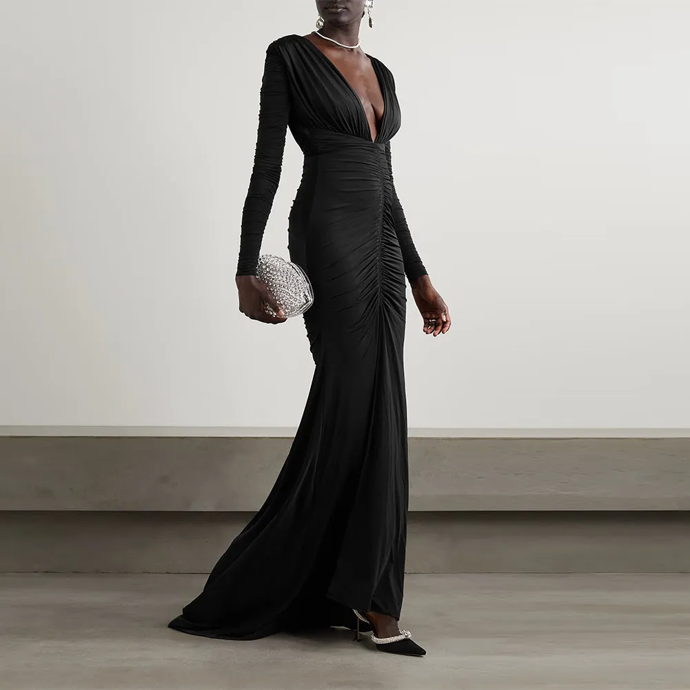 V Neck Long Sleeve Low Cut Maxi Dress KLYF1048