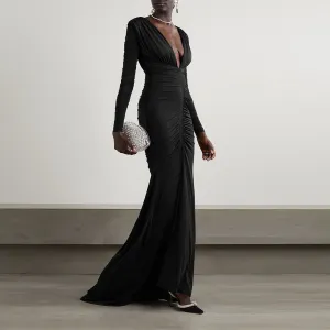 V Neck Long Sleeve Low Cut Maxi Dress KLYF1048