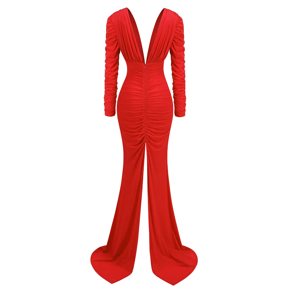 V Neck Long Sleeve Low Cut Maxi Dress KLYF1048