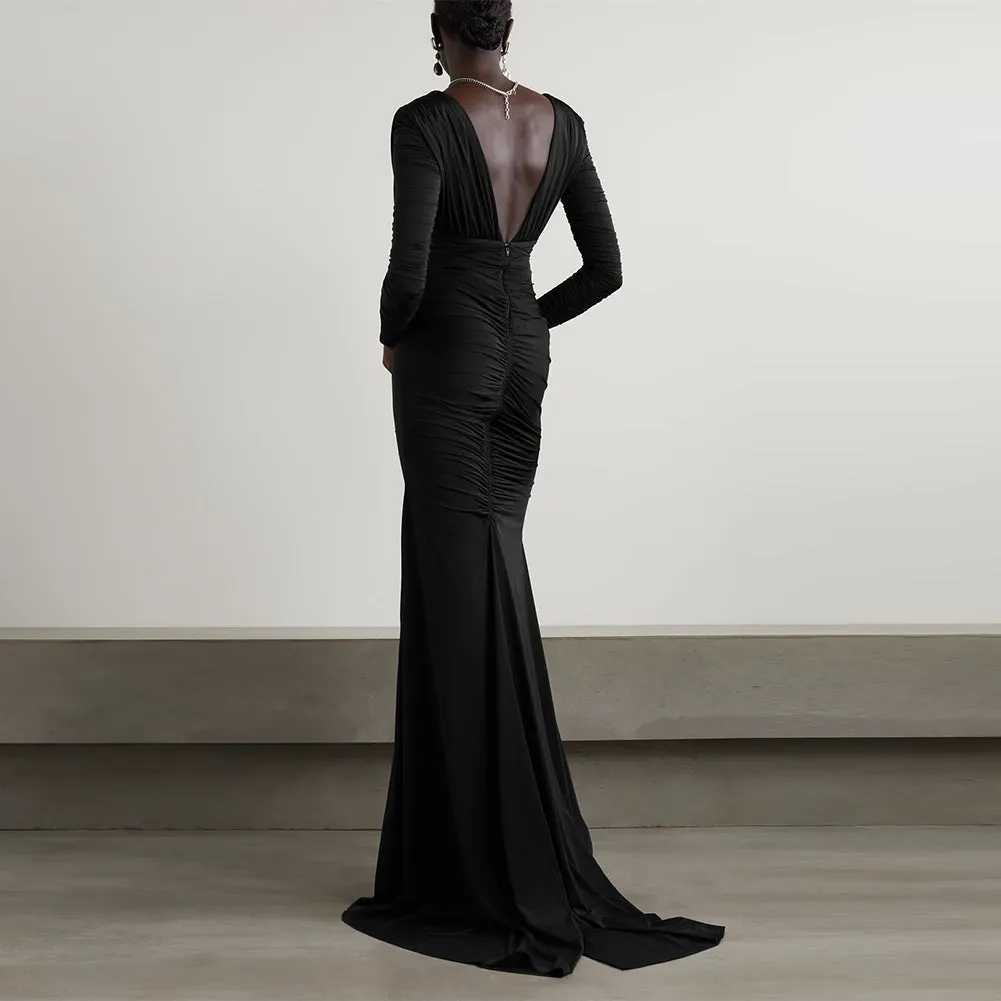 V Neck Long Sleeve Low Cut Maxi Dress KLYF1048