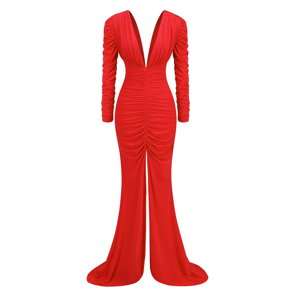 V Neck Long Sleeve Low Cut Maxi Dress KLYF1048