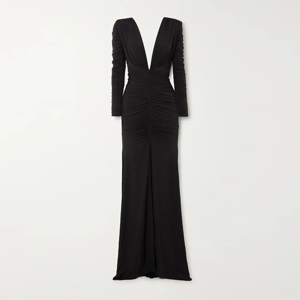 V Neck Long Sleeve Low Cut Maxi Dress KLYF1048