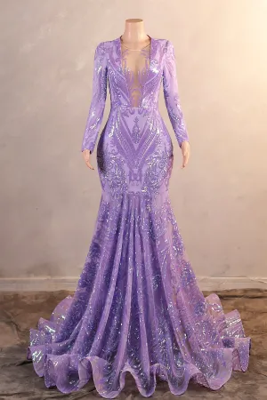 V-Neck Mermaid Sweep Train Sequins Zipper Long Sleeve Evening Dress