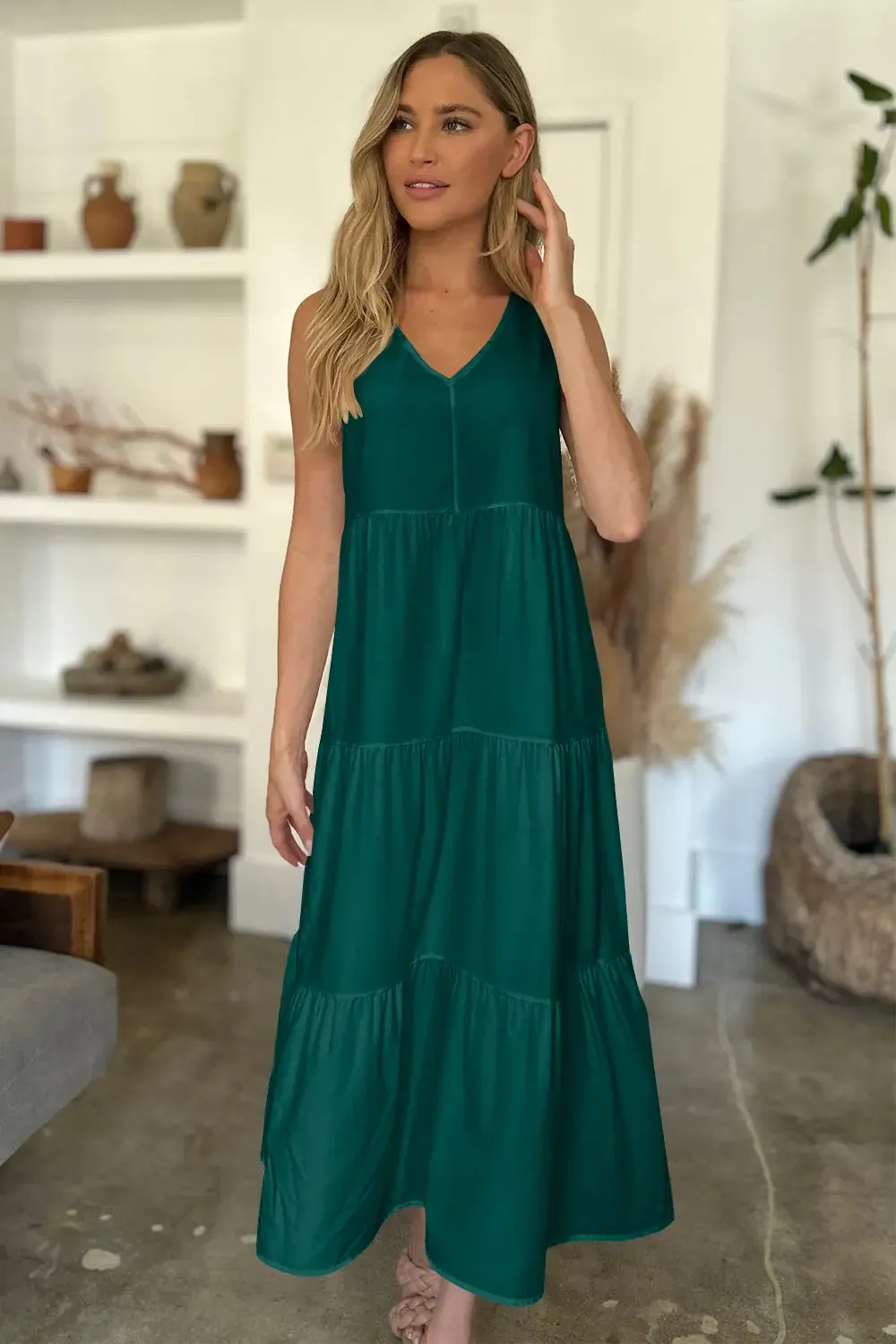 V-Neck Sleeveless Midi Tiered Dress