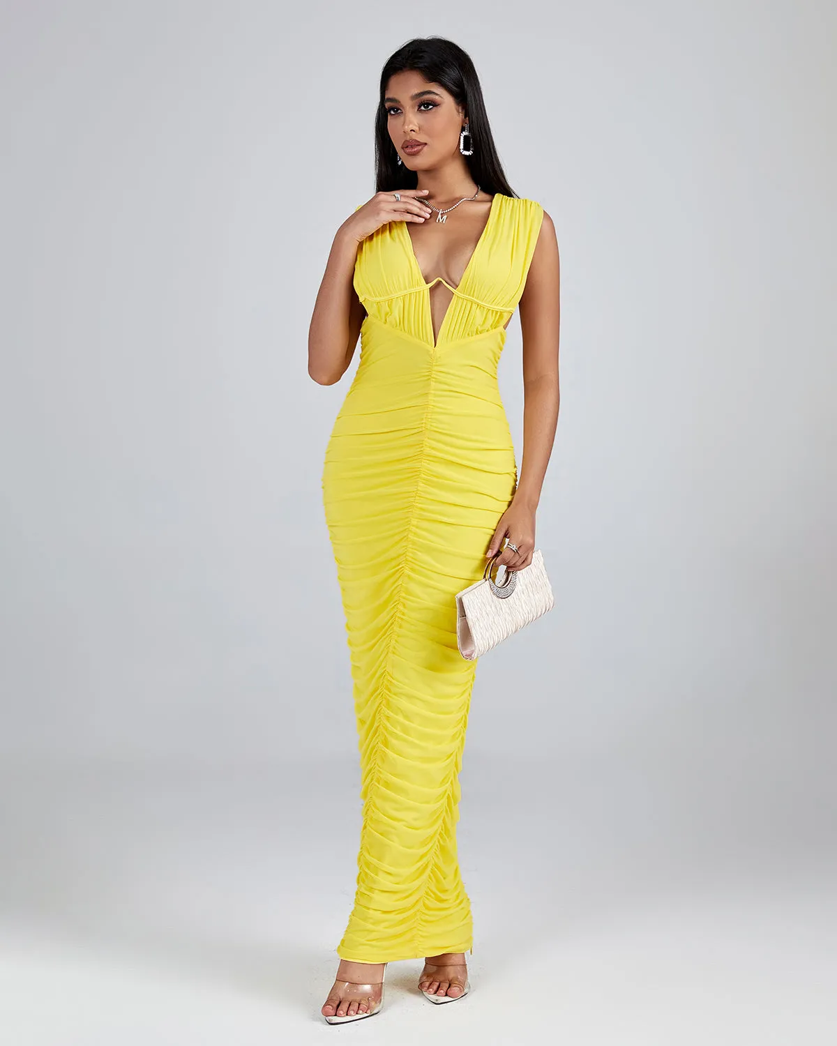 V Neck Sleeveless Ruched Maxi Dress