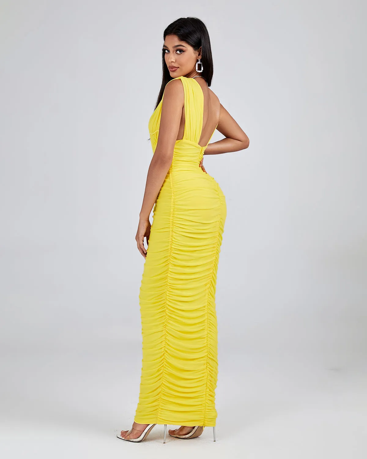 V Neck Sleeveless Ruched Maxi Dress