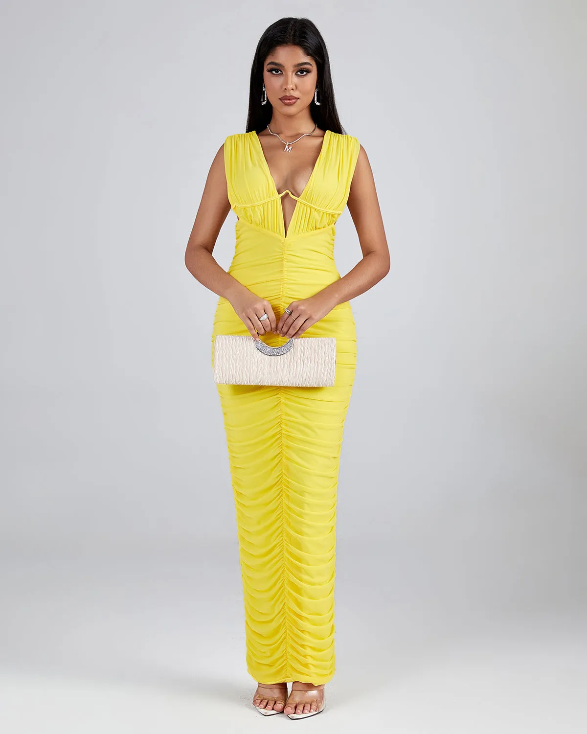 V Neck Sleeveless Ruched Maxi Dress