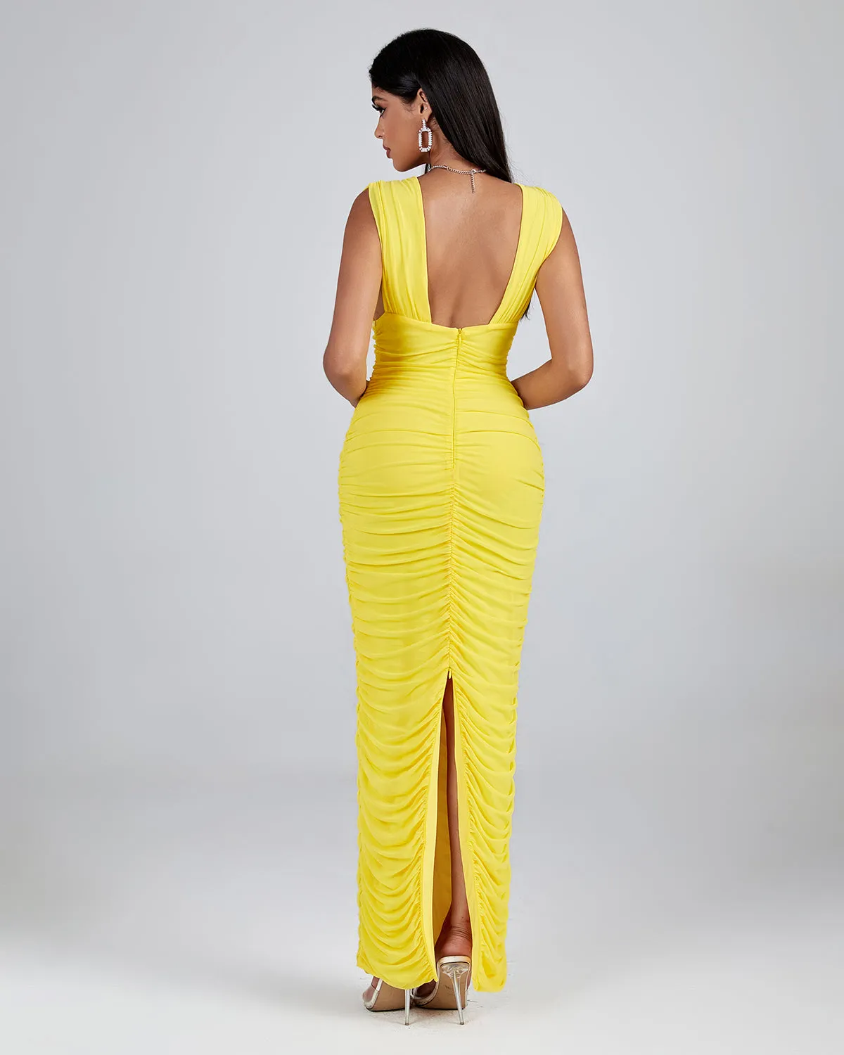 V Neck Sleeveless Ruched Maxi Dress