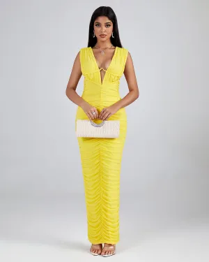 V Neck Sleeveless Ruched Maxi Dress